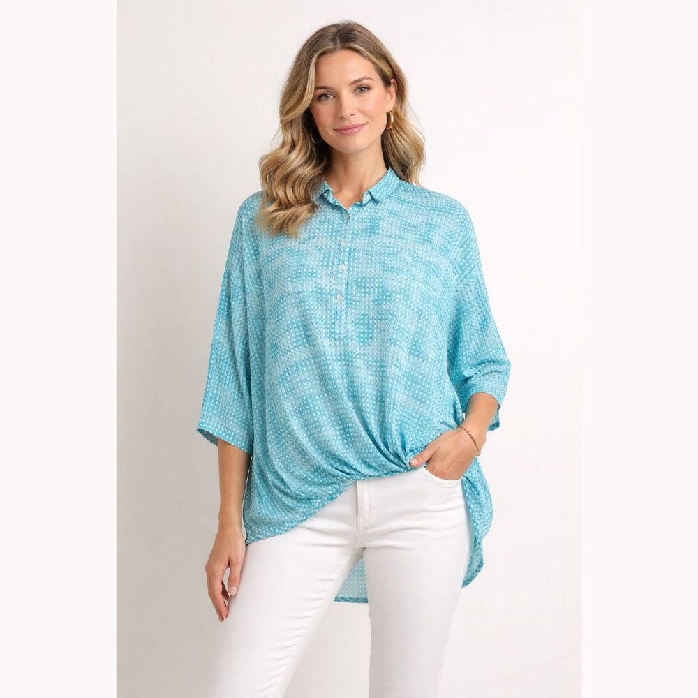 Davina Blouse Womens Large Geometric Collared Roll Tab 3/4 Sleeve Tunic Top